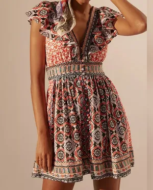 Anthropologie Beaded embroidered Bohemian Floral Print mini dress cotton 12 thumbnail 1