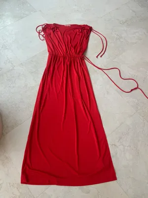 Vtg Bold Red Gathered-Waist Maxi Dress sz Sm-Med thumbnail 4