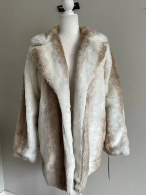 XOXO Two-Tone Faux Fur Coat in Cream & Tan thumbnail 1