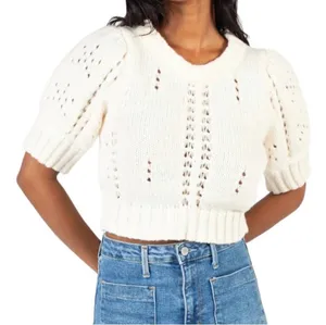 Day + Moon Pointelle Cream Cropped Sweater White thumbnail 1
