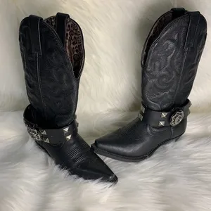 Handmade Womens Black Studded Leather Metal Buckle Removable Boot Band One Size thumbnail 1