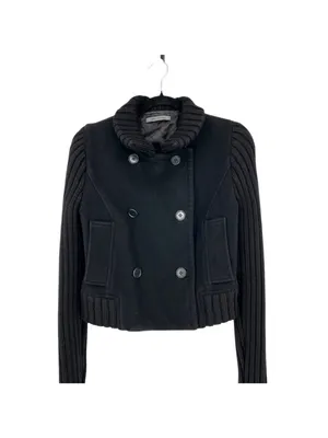 John Varvatos Cropped Pea Coat Knit Sleeves Black Women Size Small Military Punk thumbnail 2
