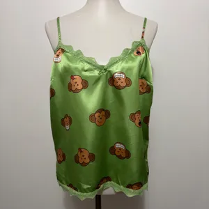 Y2K Aeropostale Monkey Print Satin Lace Trim Cami Tank Top XL Green Kawaii thumbnail 2