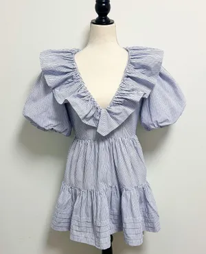 Saylor Blue White Stripe Zerina Plunging V Neck Puff Short Sleeve Mini Dress S thumbnail 1
