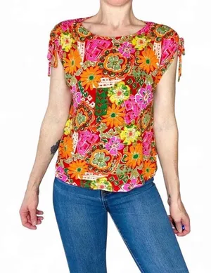 Nicole Miller Colorful Floral Abstract Linen Casual T-Shirt thumbnail 1