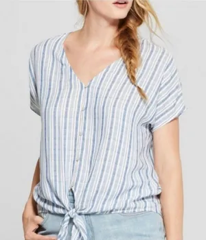 Universal Thread Striped Tie Front Top | Casual Feminine Summer Blouse thumbnail 1