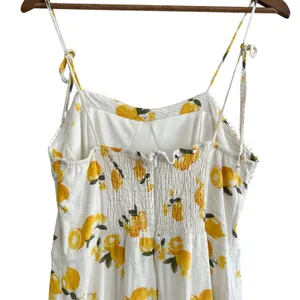 Kirious Lemon Print Linen Blend Midi Dress Yellow White Citrus Vacation Resort thumbnail 8