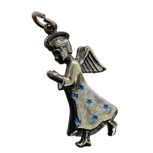 Vintage Gold Plated Sterling Silver Praying‎ Angel Charm Blue Enamel Stars 2.27g thumbnail 2