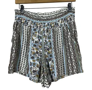 Kingston Grey Boho Floral Geometric Print Shorts Blue White Smocked Waist Size S thumbnail 1