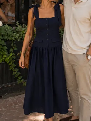 English Factory Navy Silk Blend Tie Shoulder Square Neck Maxi Dress Small NWT thumbnail 8
