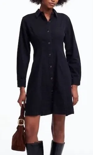 Madewell Seamed Mini Shirt Dress Womens 8 Black Cotton Long Sleeve Spread Collar thumbnail 1