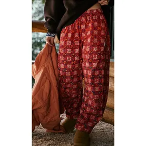 NEW FP Movement Free People Game Day Meadow Red Patter Printed Barrel Leg Pants thumbnail 2
