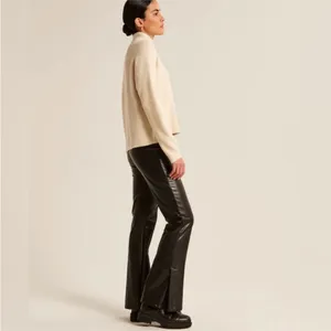 Abercrombie & Fitch Split Hem Vegan Leather Slim Flare Pant in Black Medium thumbnail 4