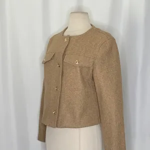 ZARA Cropped Jacket Light Brown Tan Gold Hammered Snaps Preppy Chic Small thumbnail 6