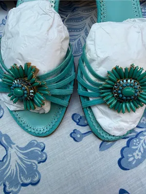 J Crew LYLA ITALIAN LEATHER SLIDES Sz 9 Fabulous Strappy Sandal Turquoise Shoes thumbnail 3