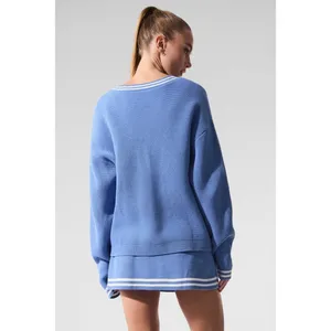ALO Yoga Tennis Club Sweater Knit Cardigan Crystal Clear Blue/White Sz L Preppy thumbnail 2