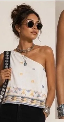 Free People One Shoulder Crop Top White Geometric Embroidered Boho Womens Medium thumbnail 1