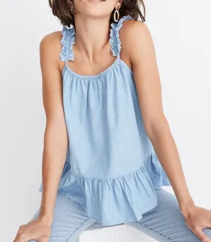 Madewell Sleeveless Denim Ruffle-Strap Peplum Cami Tank Top Blue Haddon Wash 12 thumbnail 1