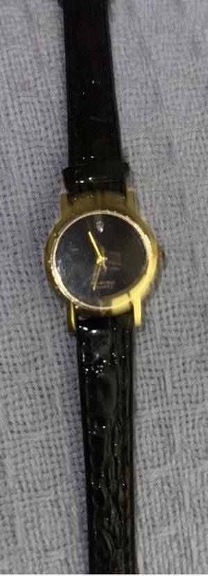 Vintage Minimalist Gold-Tone Quartz Watch Black Dial Diamond Accent Leather Band thumbnail 1