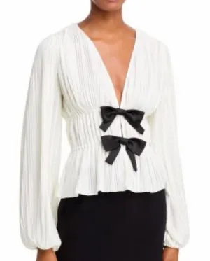 Wayf Ciana Pleated Top Sz S Bows Ivory Shirt Blouse Balletcore Plisse thumbnail 1