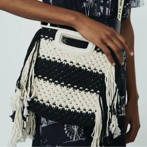 Maje M Bag in Leather and Bicolor Knit Black White Stripe Satchel NWT thumbnail 3