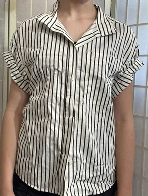 Frame‎ Revolve Linen Blend Striped Organic Short Sleeve Button Up Blouse Size XS thumbnail 1