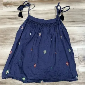 Topshop Lightweight Blue Embroidered Tassel Tank Top Women’s 10 thumbnail 1
