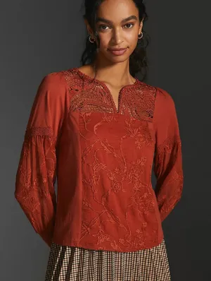 Anthropologie Tiny Noah Embroidered Lace Blouse Burnt Orange XS thumbnail 1