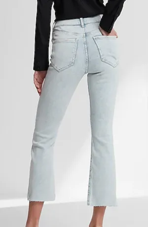 Express High Waisted Light Wash Raw Hem Cropped Flare Jeans thumbnail 2