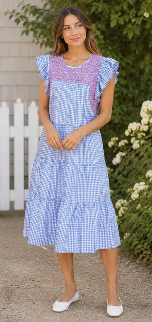 J. Marie Blue Gingham Plaid Flutter Sleeves Floral Embroidery Tiered Midi Dress thumbnail 1