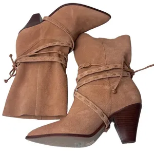 Schutz Portia Suede Ankle Boots Honey Peach Tan Leather‎ Wrap Straps Size 6B thumbnail 5