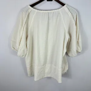 LOFT Peasant Top M Ivory Textured Tie Neck Blouse Boho‎ Minimalist Coastal Chic thumbnail 4
