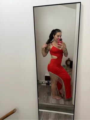 Red Strappy Cutout Evening Dress with Fringe thumbnail 2