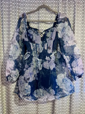 NWT Lulus | Positively Enchanting Blue Floral Organza Bustier Mini Dress, Small thumbnail 4