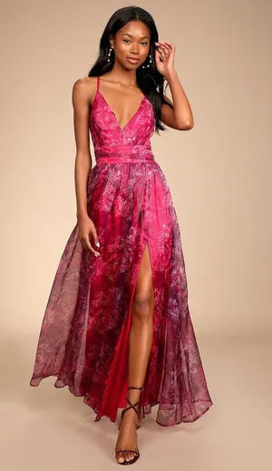 NWT Lulus Romance That Wows Magenta Floral Print Organza Maxi Dress Prom Sz XS thumbnail 1