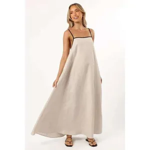 MVN Elliana Maxi Dress Beige Black Trim Linen Blend Relaxed Small thumbnail 5