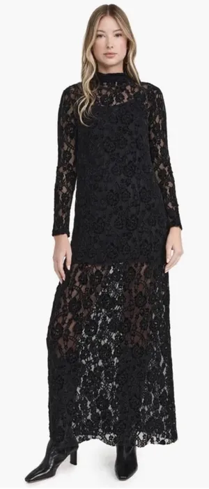 ALOHAS Tiban Black Lace Maxi Dress Mock Neck Bow Size Medium Velvet Long Sleeve thumbnail 1