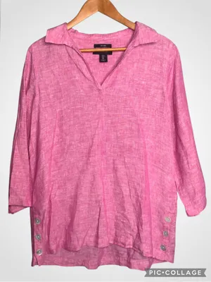 Tahari Pink Linen V-Neck Tunic with Button Side Tabs Medium thumbnail 1