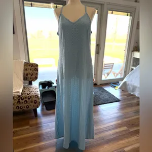 Women's Light Blue Open Knit Eyelet Spaghetti Strap Dress Size L #260550 thumbnail 4
