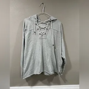 Aerie Oversized Gray Lace Up Raw Hem Sweatshirt Hoodie Size XS thumbnail 3