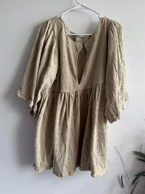 Free People Beach Beige Crinkle‎ Babydoll Mini Dress Puff Sleeve XS OB1122436 thumbnail 1