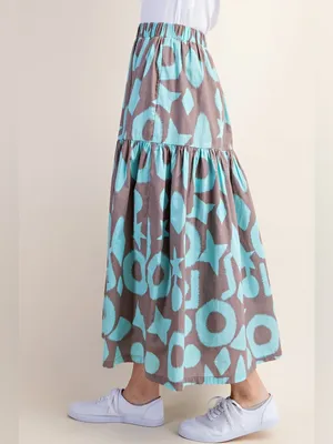 Boutique Geometric Print Tiered Maxi Skirt Taupe Turquoise Boho Resort L thumbnail 2