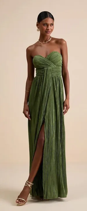 Oswin Olive Green Satin Plisse Strapless Maxi Dress thumbnail 1