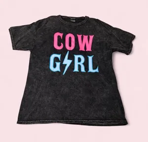 Cowgirl Graphic Tee - mineral washed Black with Pink & Blue Lettering thumbnail 1