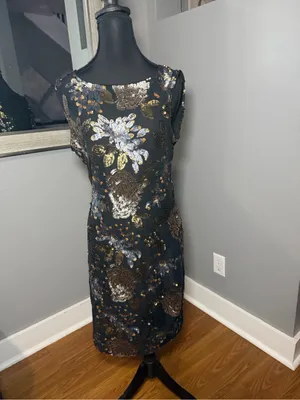 VTG Y2K Cache Floral Sequin Black Sparkle Sheath Cocktail Dress Medium. thumbnail 3