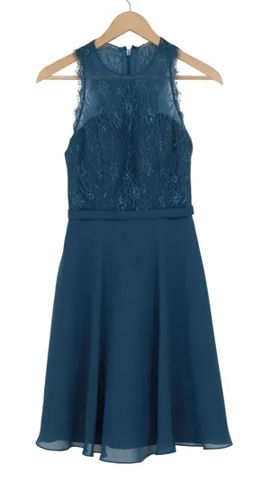Azazie Peacock Blue Lace Chiffon Fit & Flare Bridesmaid Dress Size A0 Sleeveless thumbnail 1