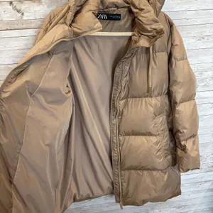 Zara Womens M Jacket Down Puffer Bronze‎ Brown Hooded Oversized Long EUC Pockets thumbnail 3