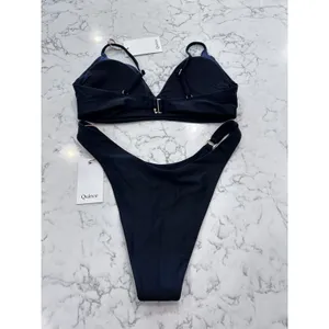NWT Quince Black Italian V Neck Bikini Top & Ring High Leg Bottoms Set Medium thumbnail 2