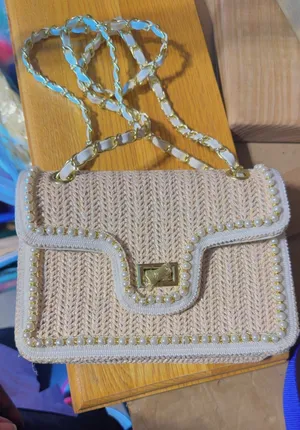 Woven Straw Crossbody Bag Cream & Gold Chain Shoulder Purse thumbnail 1