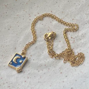 Handmade gold stainless steel blue celestial whimsical chic moon necklace🌟 thumbnail 7